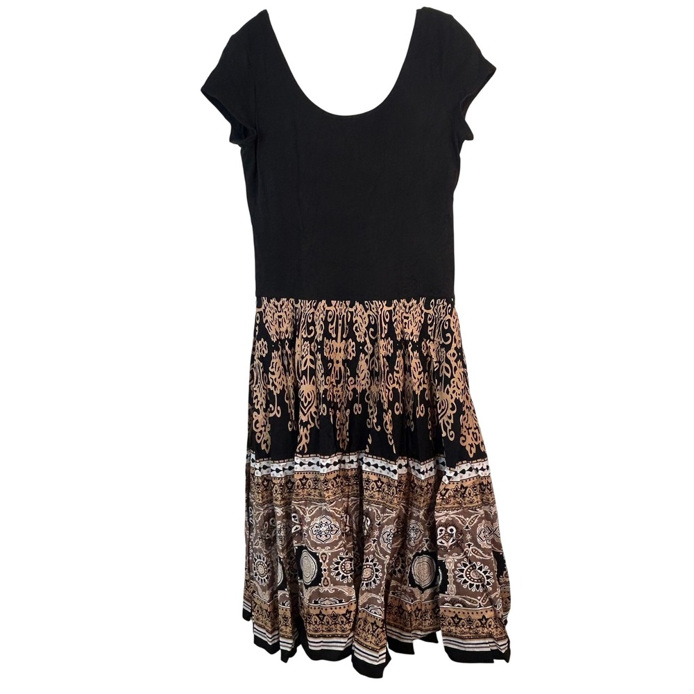 Coldwater Creek Black Border Print Midi Dress Short Sleeve Scoop Neck Fit Flare